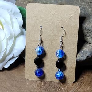 Hand Crafted Blue and Black Dangle Drop Crackled Glass Earrings